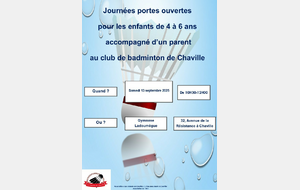 Porte Ouverte Mini Badminton Samedi 13 Septembre 2025 de 10H30-12H00 - Enfant de 4 à 6 ans